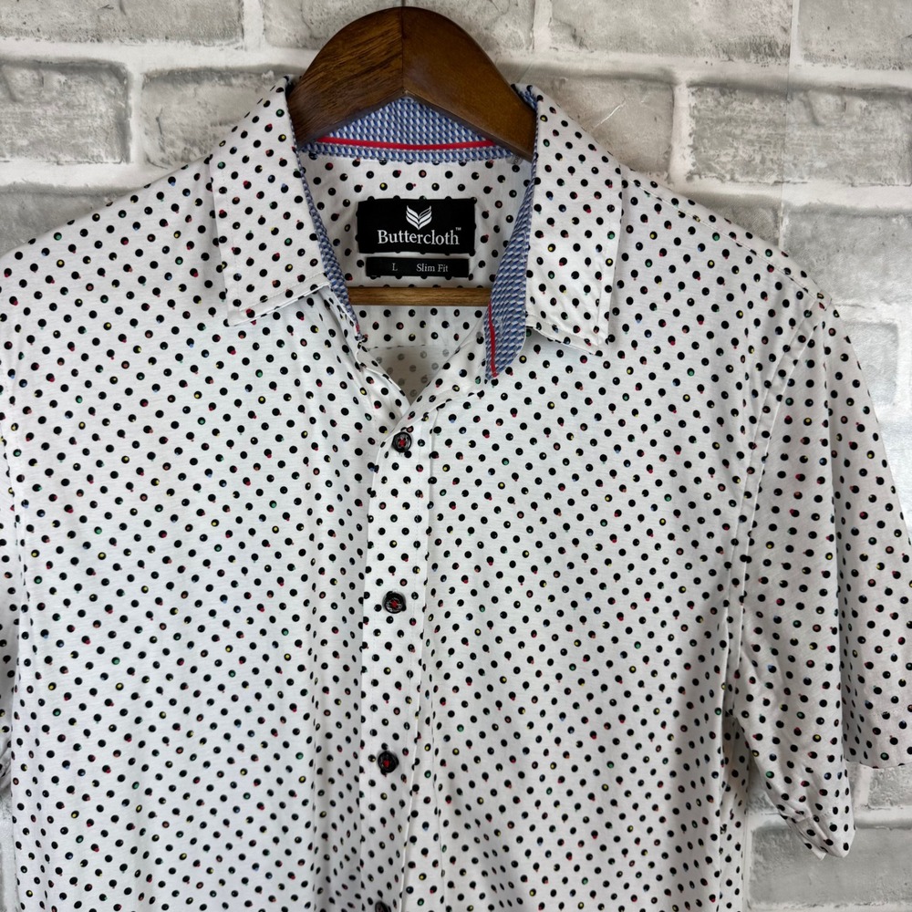 Buttercloth Mens Slim Fit Short Sleeve Button Down Shirt White Polka Dot Large